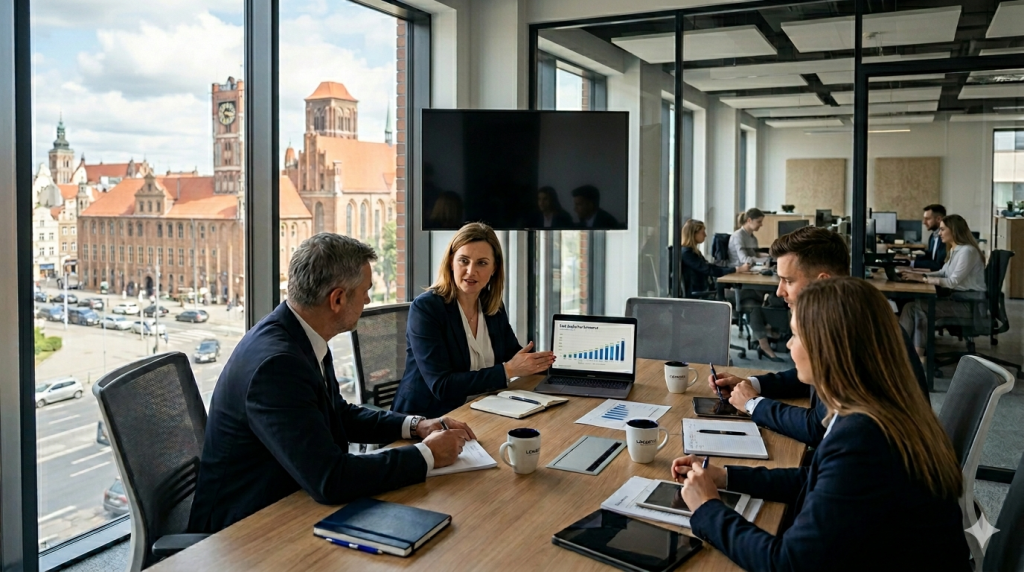 Na obrazie widać profesjonalną scenę biznesową typu B2B