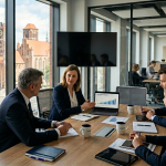 Na obrazie widać profesjonalną scenę biznesową typu B2B