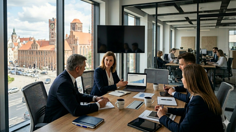 Na obrazie widać profesjonalną scenę biznesową typu B2B