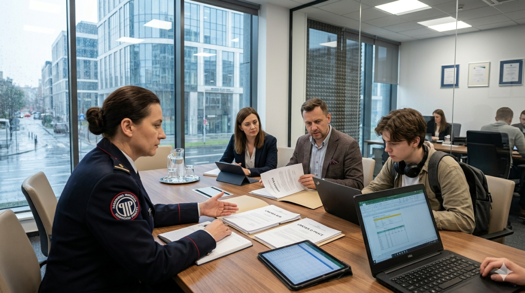 Obraz przedstawia realistyczną scenę w nowoczesnym biurze o otwartym planie z dużymi przeszkleniami